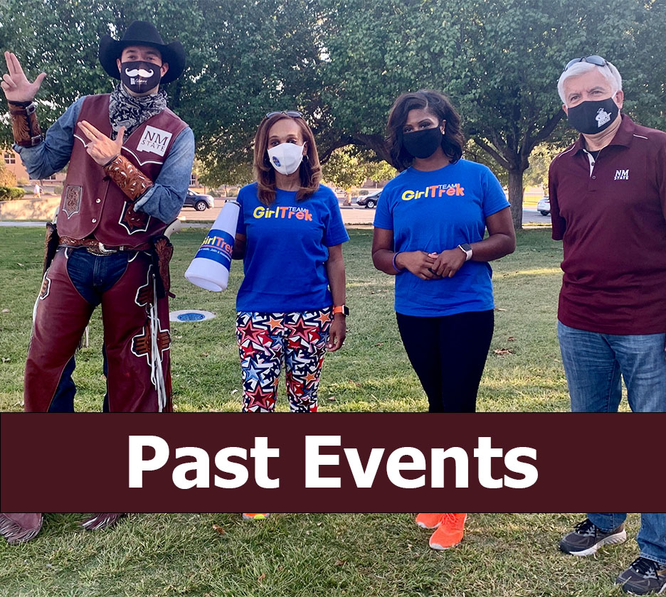 Photo of Pistol Pete, Director of Black Programs, Girl Trek Host, and Chancellor Arvizu at the Girl Trek event held in 2020with the text "Past Events" on the photo.