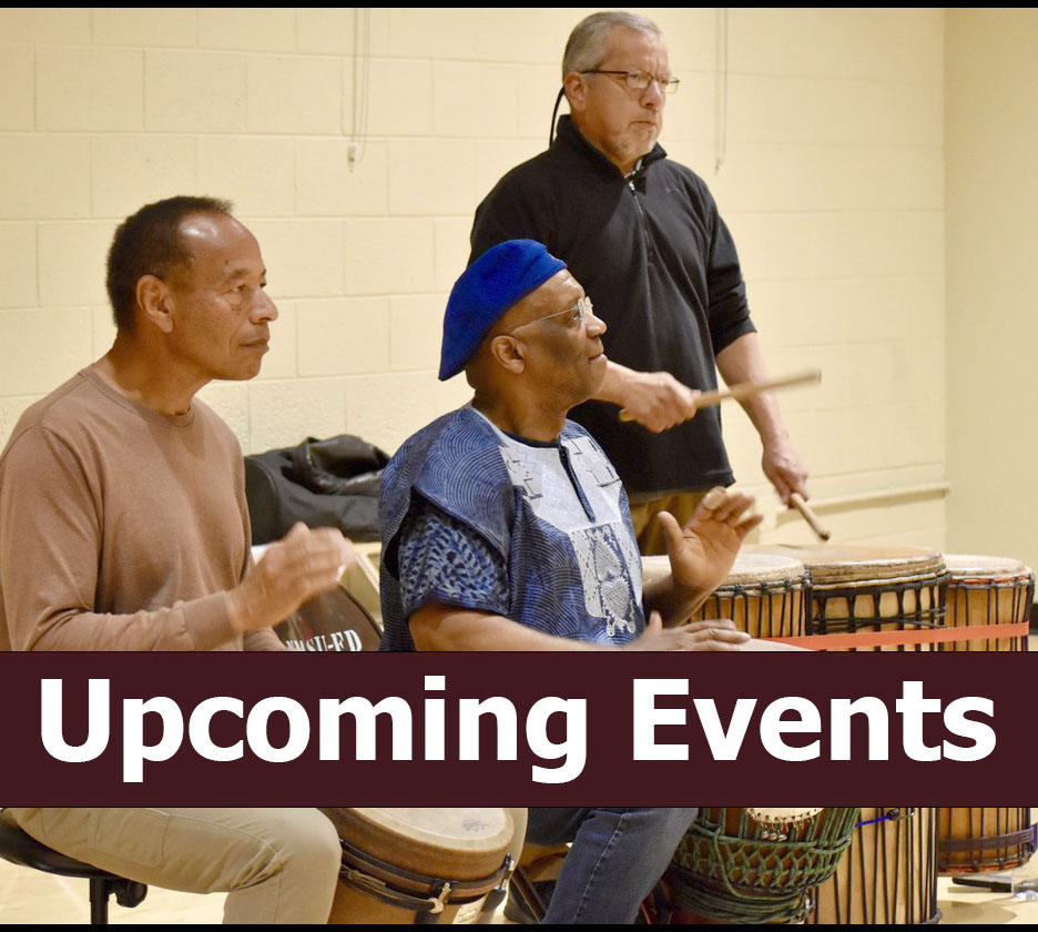 Drummers at a Black Programs Event with the text "Upcoming Events" on the photo. 