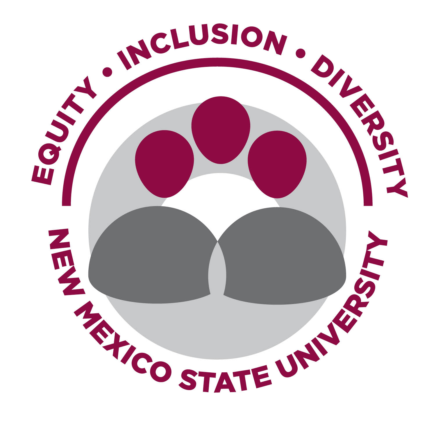 Logo of the Office of Equity, Inclusion and Diversity, The image is a circular logo for New Mexico State University emphasizing equity, inclusion, and diversity. At the center, there are abstract figures representing three stylized human heads and shoulders. The heads are depicted as maroon-colored ovals, and the shoulders are in gray. Surrounding this central image is a circular maroon border. The text "EQUITY • INCLUSION • DIVERSITY" is written in maroon, curving along the top inside edge of the border, while "NEW MEXICO STATE UNIVERSITY" is similarly written in maroon along the bottom inside edge. The background of the image is white.