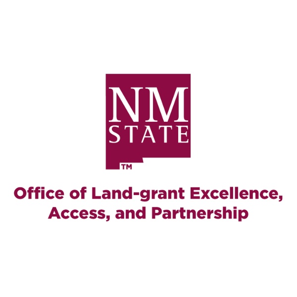 The image features the logo of an institution, composed of a bold, maroon square with the initials "NM STATE" in white, capitalized letters. Below the square logo, the text "Office of Land-grant Excellence, Access, and Partnership" is written in maroon, matching the color of the square. The background is plain white, providing a clear contrast to the maroon elements.  Alt-text:  Maroon logo with "NM STATE" and text below reading "Office of Land-grant Excellence, Access, and Partnership."  Transcribed Text:  NM STATE Office of Land-grant Excellence, Access, and Partnership