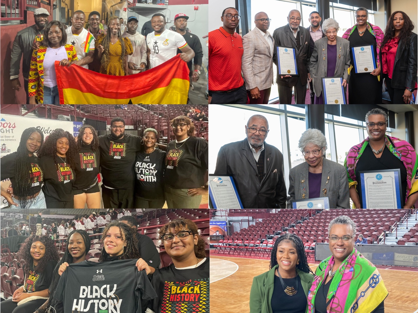 The image is a collage of four photos featuring groups of people, likely taken during events celebrating Black History Month.  Top-left photo: A group of ten individuals stand closely together indoors, with most of them smiling. They are collectively holding a large red, yellow, and green-striped flag. The individuals are dressed in a mix of traditional African clothing and casual western apparel. The setting appears to be an arena or stadium.  Top-right photo: Seven people are standing indoors, with large windows visible in the background. Four individuals in the front are holding framed documents. They appear to be formal recognition certificates or proclamations. The group is mixed in age, and everyone is dressed in formal or semi-formal attire.  Bottom-left photo: Six individuals stand together in a stadium setting. They are all wearing black t-shirts with "Black History Month" written on them in vibrant colors. The stands, which are filled with people, are visible behind them.  Bottom-right photo: Five individuals sit closely together in stadium seats. Most of them are holding "Black History Month" shirts. Like the previous group, they are wearing dark t-shirts with celebratory messages for Black History Month. The seating area around them shows other spectators in a partly filled arena.