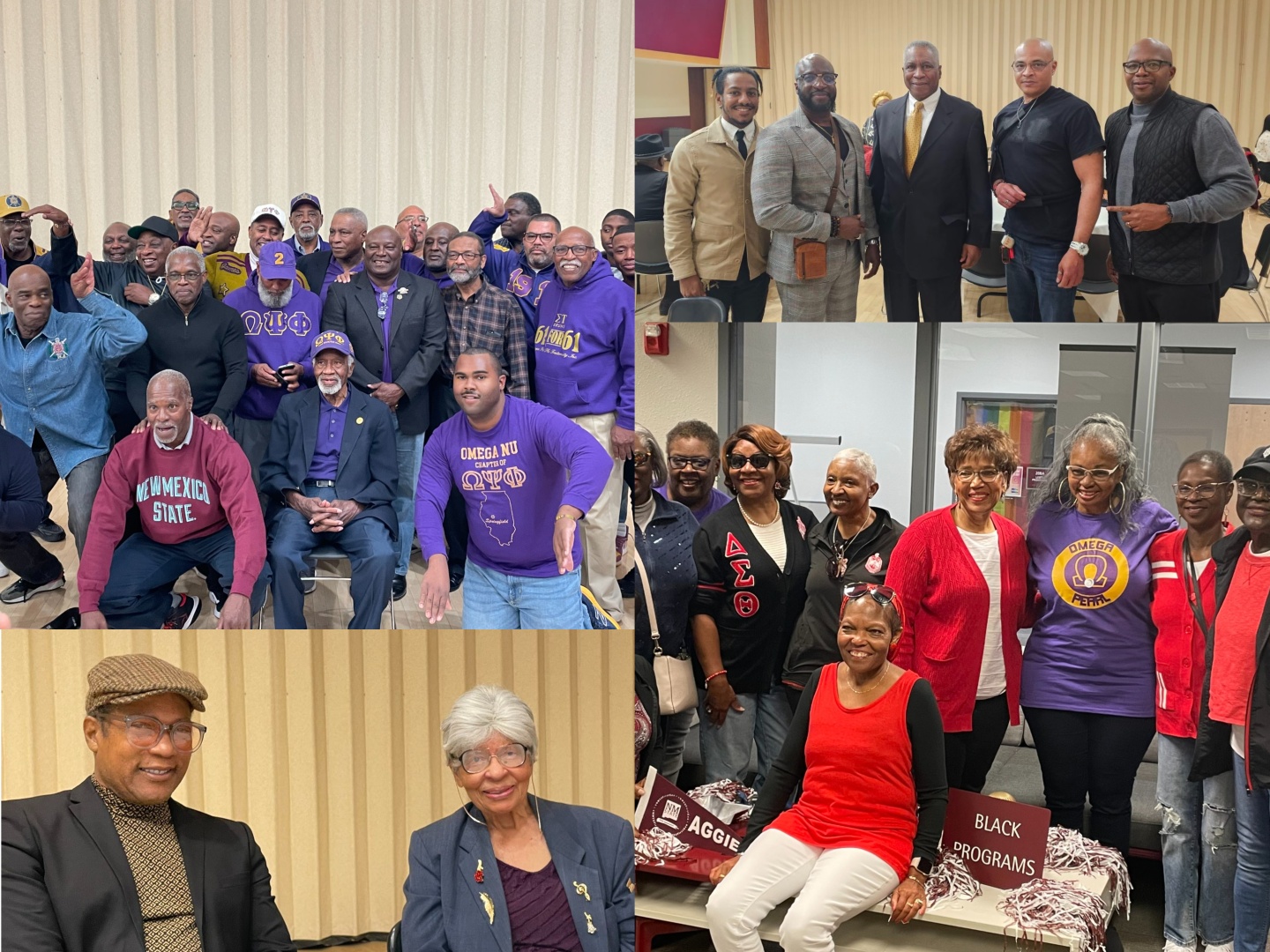 Elders' Banquet & Homecoming Celebration. The collage contains four images featuring groups of people, predominantly older adults, posing for photographs in what appears to be a community or social setting.  Top-left image: A large group of approximately 25 men of varying ages wearing fraternity-themed clothing, mainly in purple and gold, pose together. The backdrop is a plain light-colored wall with vertical lines. Some men are seated in the front row, while others stand behind them. Top-right image: A small group of five men, three of whom are wearing suits or formal attire, and the other two in casual wear, standing indoors with a light-colored wall behind them. Bottom-left image: Two older individuals, a man and a woman, sit side by side, both dressed smartly. The man wears a flat cap, glasses, a black blazer over a patterned shirt, and the woman has short white hair, glasses, and a dark blazer over a purple blouse. Bottom-right image: A group of about 12 women, casually dressed, pose together. They stand or sit in front of glass windows, and the background includes some office or school-like furniture. There is a sign reading "BLACK PROGRAMS" with some ornamental displays in front.