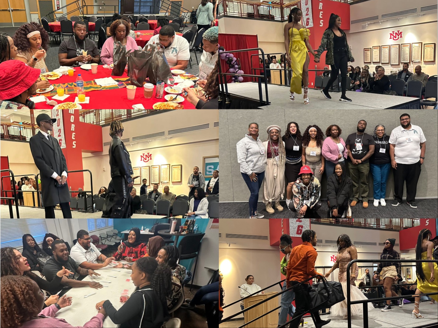 Images from A trip to the University of New Mexico for the Black Cultural Conference. The image is a collage of five photographs, depicting events and gatherings within a community or institutional setting.  Top Left Photo: A group of people seated around a circular table with a red tablecloth, engaging in conversation and eating. The table is adorned with food items, drinks, water bottles, and plastic bags. The background shows more tables and chairs arranged in a hall.  Top Right Photo: Two people are walking on a runway during a fashion show. One is dressed in a bright yellow outfit, while the other wears dark clothing. The runway is elevated, with an audience seated in rows in the background. A red banner with "SORES" and "2026" is visible.  Middle Photo: Two individuals stand on a stage, facing an audience. One is dressed in a black suit and hat, and the other in a black outfit with a long jacket. Behind them is a red upright structure with the letters "NM" and plaques on the wall.  Bottom Left Photo: A group of people seated around a white rectangular table, engaging in lively conversation. They appear to be playing a card game, and everyone is smiling and laughing.  Bottom Right Photo: Individuals walking up a ramp onto the stage in a fashion show setting. They are dressed in various outfits, with one person in a shimmering gown. The staging area includes a banner and seating for the audience.