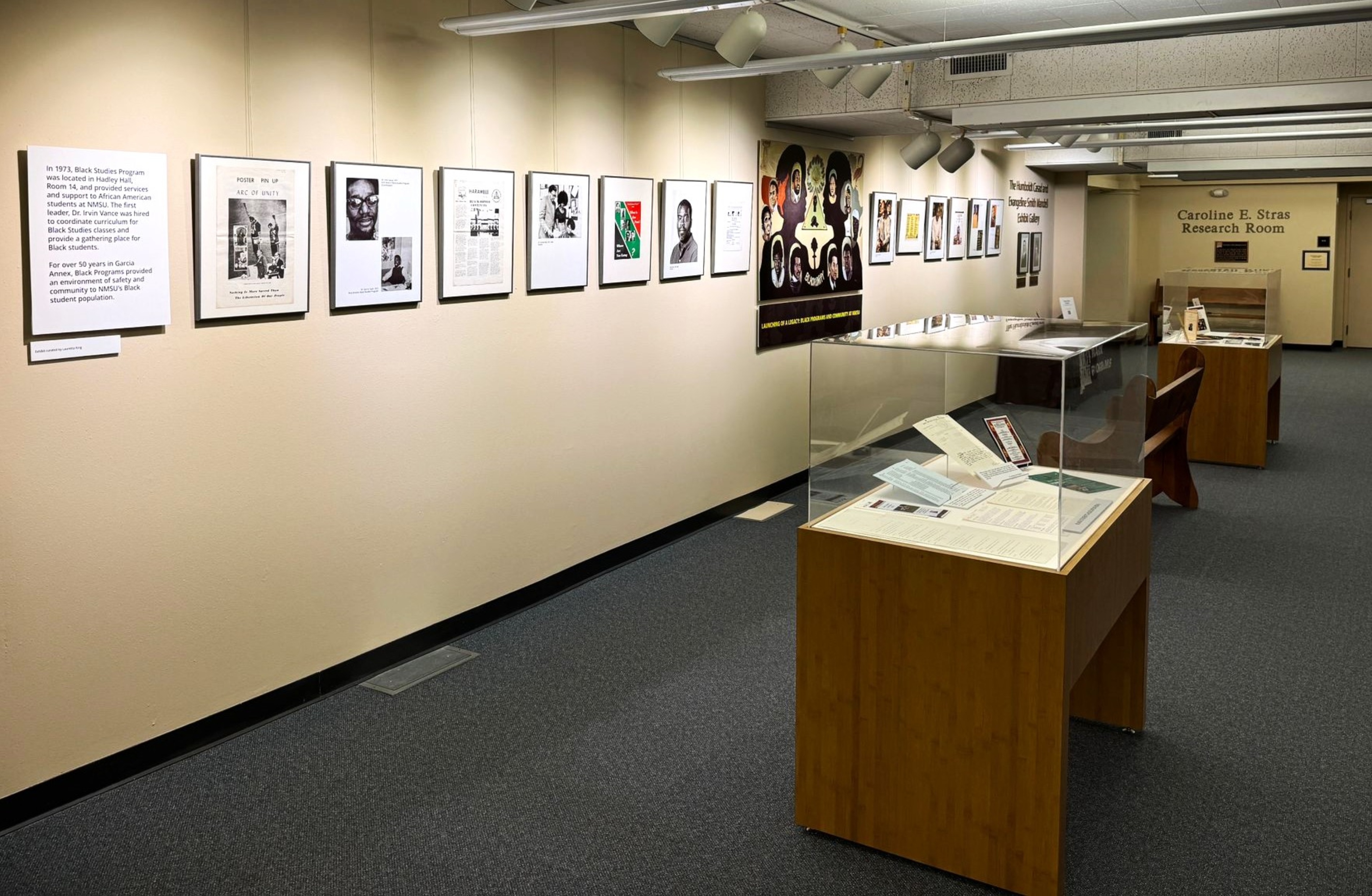 The image shows an exhibition room with a series of framed historical documents and photographs hanging on a beige wall. The room has a soft, overhead lighting system consisting of evenly spaced ceiling-mounted spotlights. The exhibit extends along a corridor on the left, with multiple frames evenly hung in a straight line at eye level. A large poster with multiple portraits and text is displayed midway along the wall. Several wooden display cases with glass tops are positioned along the right side of the room, showcasing documents and artifacts. At the far end of the room, the wall has the text "Caroline E. Stras Research Room" to designate the room's purpose. The floor is carpeted in a light, neutral color, giving the space a clean and organized look.